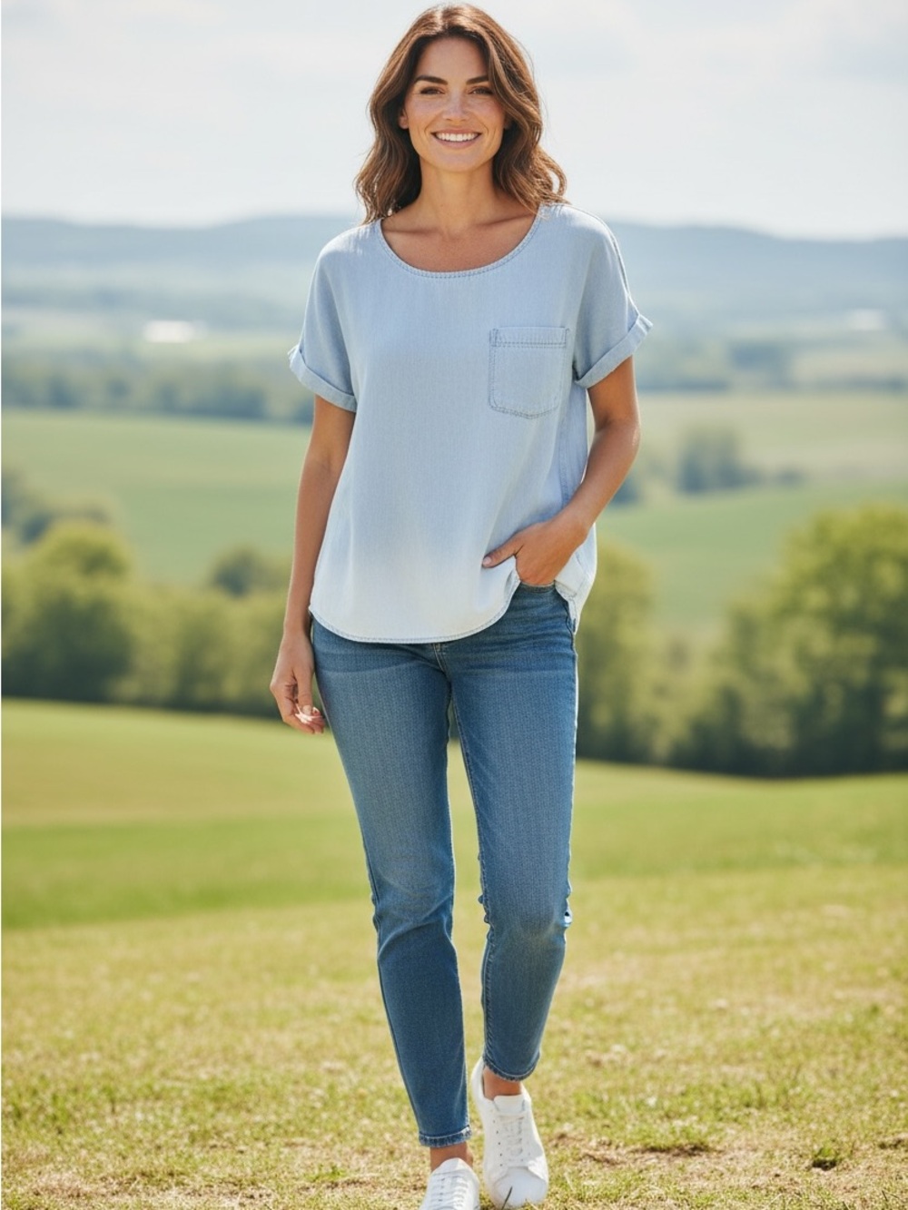 Anthropologie Holding Horses Ombré‎ Blue Chambray Soft Summer Top Size M
